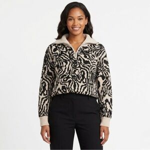 Sweet Rain Zebra Print Quarter-Zip Knit Sweater size Medium